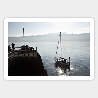 The yacht Ayesha heads out to sea from Scarborough, Yorkshire, UK Sticker